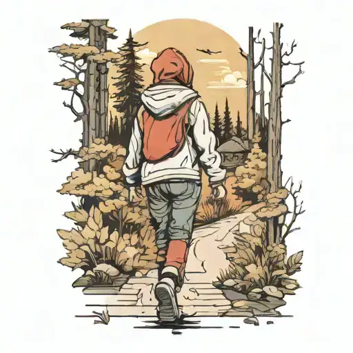 Girl In Pants And Hoodie Walking Down Path Into Forest