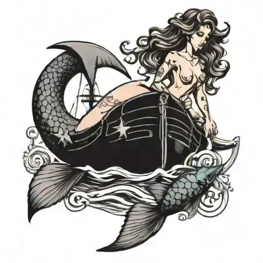 Nude Mermaid With Ship On Bicep