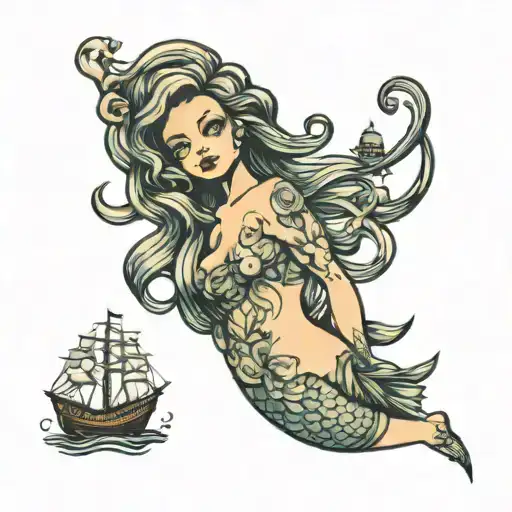 Nude Mermaid With Ship Sailing On Bicep