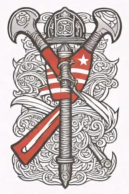 Firefighter Axe With Flag On Handle