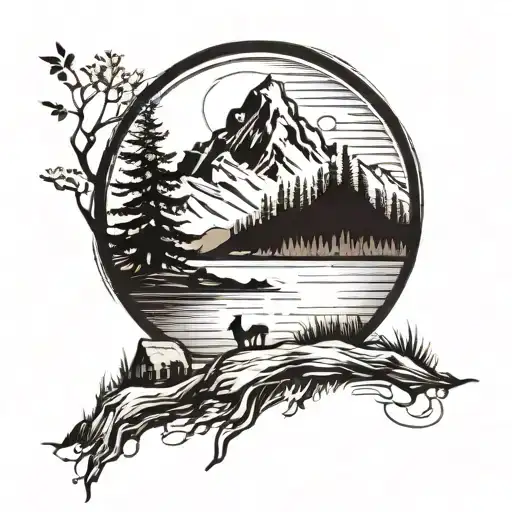 Mountain And Lake With Family Silhouette Surrounded