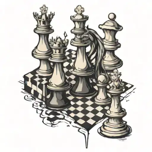 Warped Chess Set That Has A Crack Down It With Some Peices Falling In It