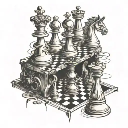 Warped Chess Set That Has A Crack Down It With Some Peices Falling In It