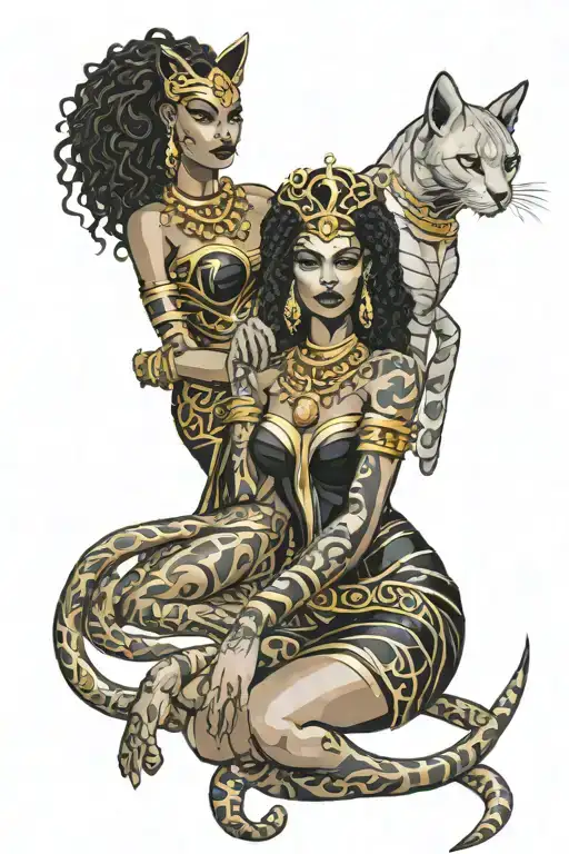 Medusa And Bastet Goddess Sexy Black Women Posing Together In Matching Gold And Silver Dresses