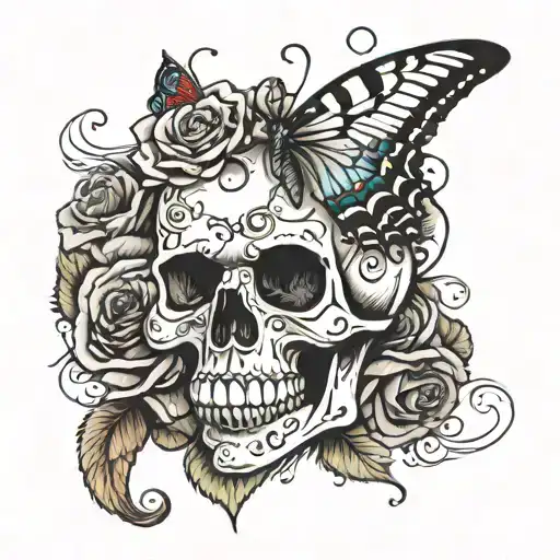 Skull With Rose In Mouth And A Butterfly On The Rose With The Words Amor De La Luna