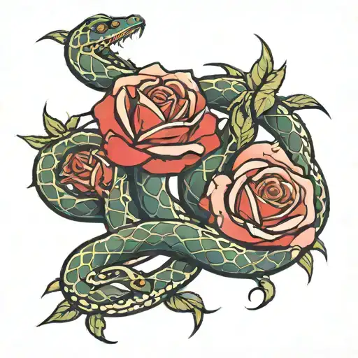 Snake Coiled Red Roses Thorns