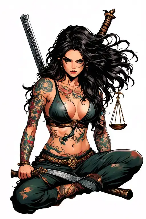 Full Body Brunette Lady Justice Ripped Clothes Cartoon Katana