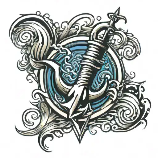 Trident Surrounded By Lighting With Water Waves