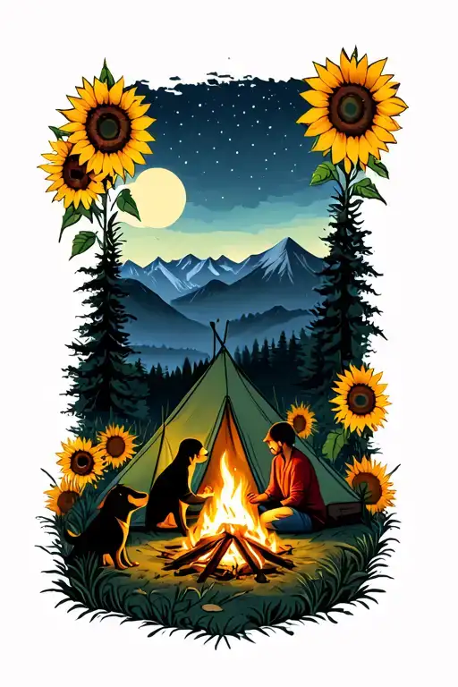 Family Sitting Around A Campfire With A Dog Next To Tent In The Mountains With Sunflowers At Night