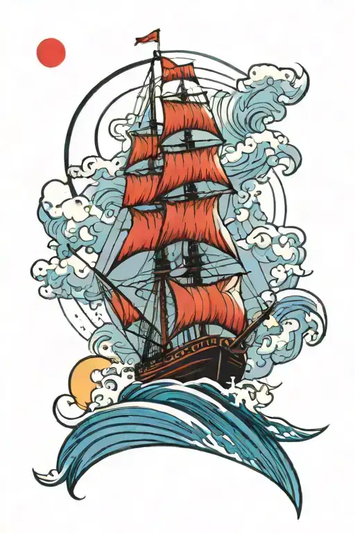 Small Sailship With Blue Waves Crashing In In Storm With A Red Sun