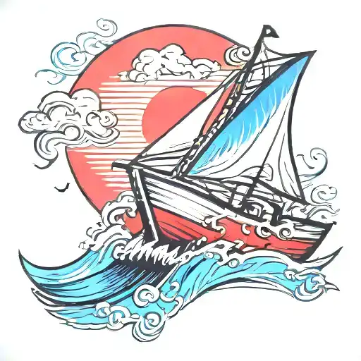 Small Sail Boat With Blue Waves Crashing In And A Small Red Sun On Its Side