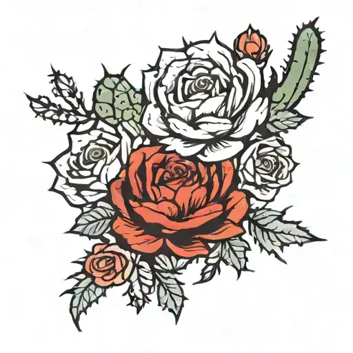 Cactus Surrounded By Roses Growing