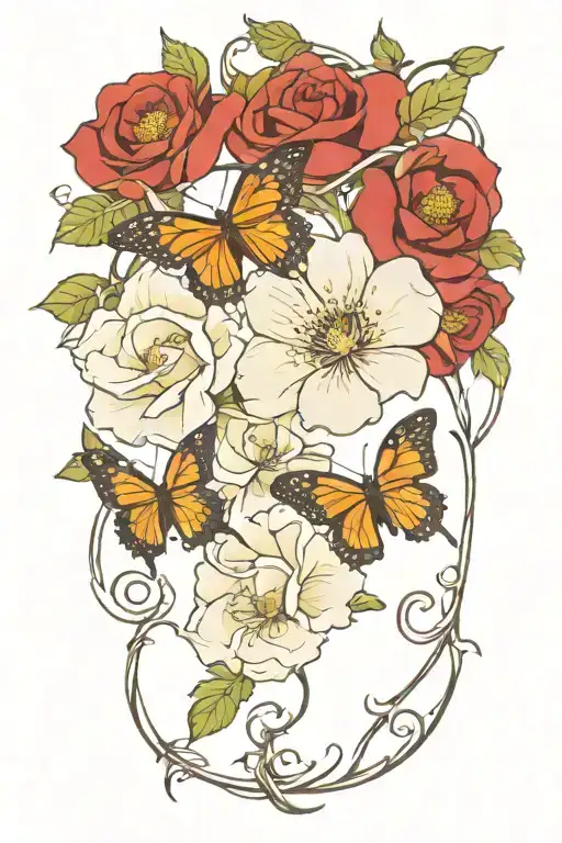 Wild Prairie Rose On A Vine Winding With Colored Monarch Butterflies Around It