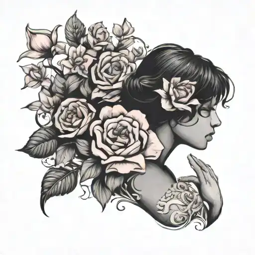 Breast Cancer And Silhouette Of Woman Touching Her Chest And Flowers