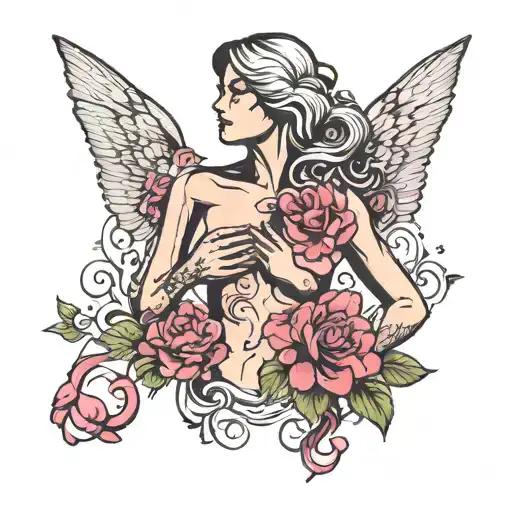 Breast Cancer And Silhouette Of Woman Touching Her Chest And Flowers