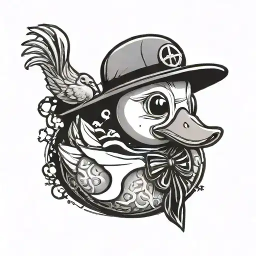 Rubber Duck With Web Tattoo On The Side Of The Head And An Anarchy Symbol On The Side