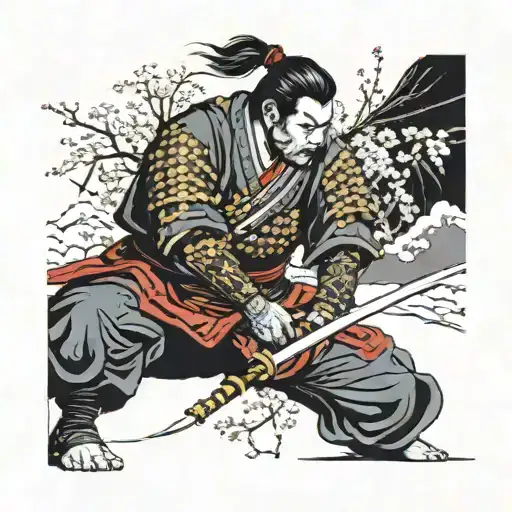 Japanese Samurai In A Field Of Cherro Blossons On His Knees