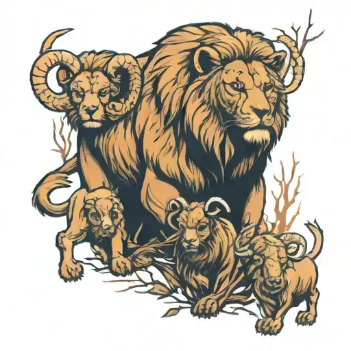 Big Bear Protecting 2 Lions And A Ram In The Woods