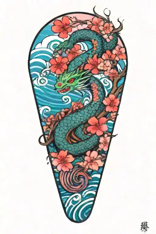 Japanese Water Dragon With Waves And Cherry Blossoms
