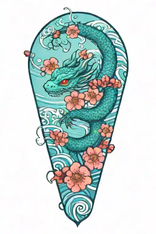 Japanese Water Dragon With Waves And Cherry Blossom Tree