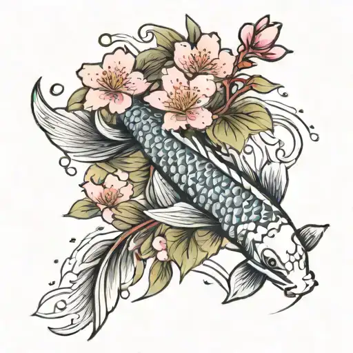 Cherry Blossom Branch With Koi Fish Swimming