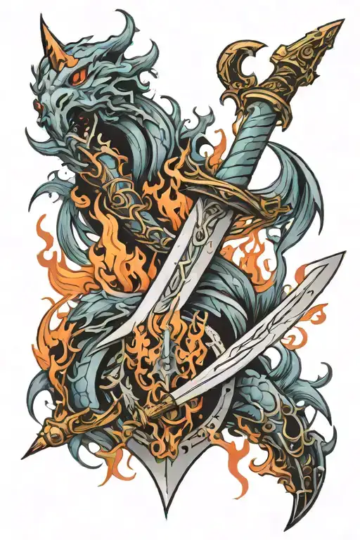 Sword With Flames And Wyverns