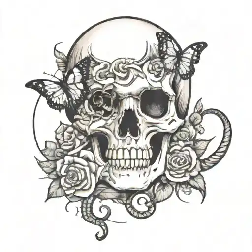 Put Snakes And Medusa Face On One Side And Other Side Skull With Flowers And Butterflies