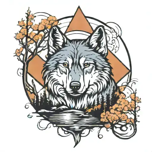 Wolf With Moon Mountains Trees Water