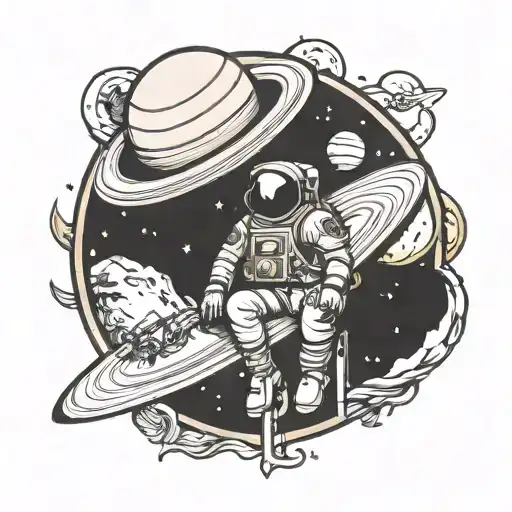 Saturn Tattoo With An Astronaut Waiting While Sitting
