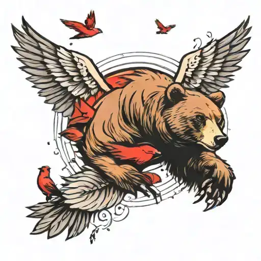 Realistic Bear And Red Birds Flying
