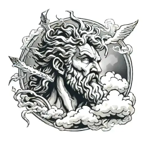 Black And White Realism Head Of Zeus With Lightning In His Eyes Surrounded By Clouds