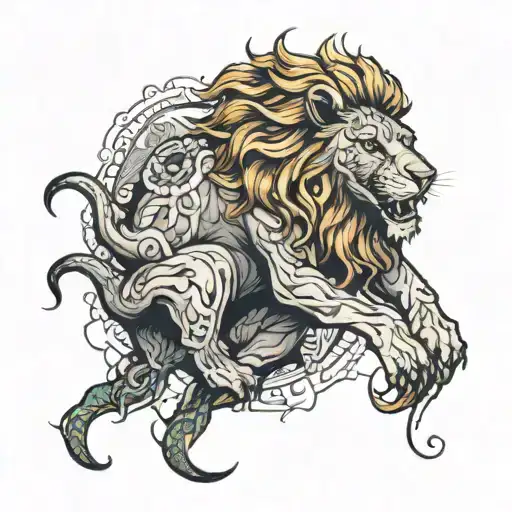 A Lion Rising From A Dead Snake Wrapped