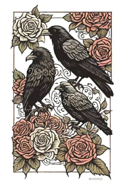 Crow And Cat Sitting Together Side By Side Surrounded By A Border Of Roses