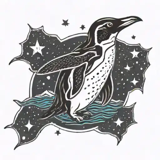 Penguin Looking Up At The Sky Filled With Stars While Inside A Lake