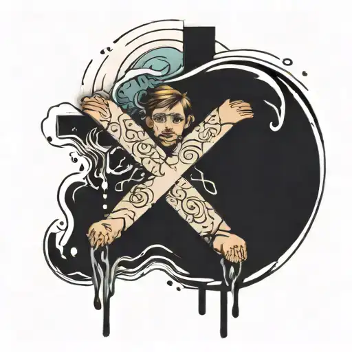 A Boy In Water And Above Him A Cross Made