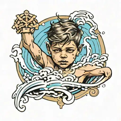 A Boy In Water And Cross Over Him