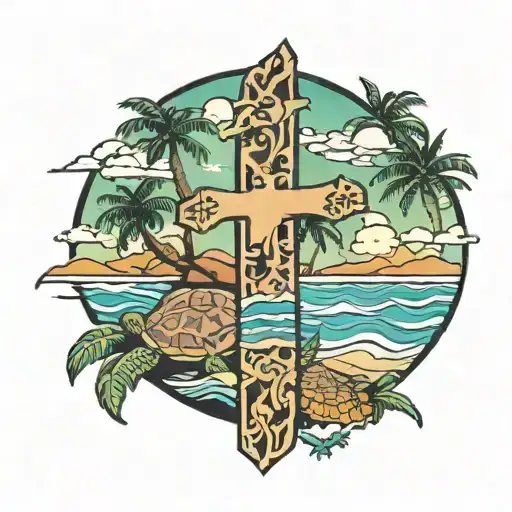 Full Arm Sleeve Of A Beach With A Cross And Palm Trees With A Turtle