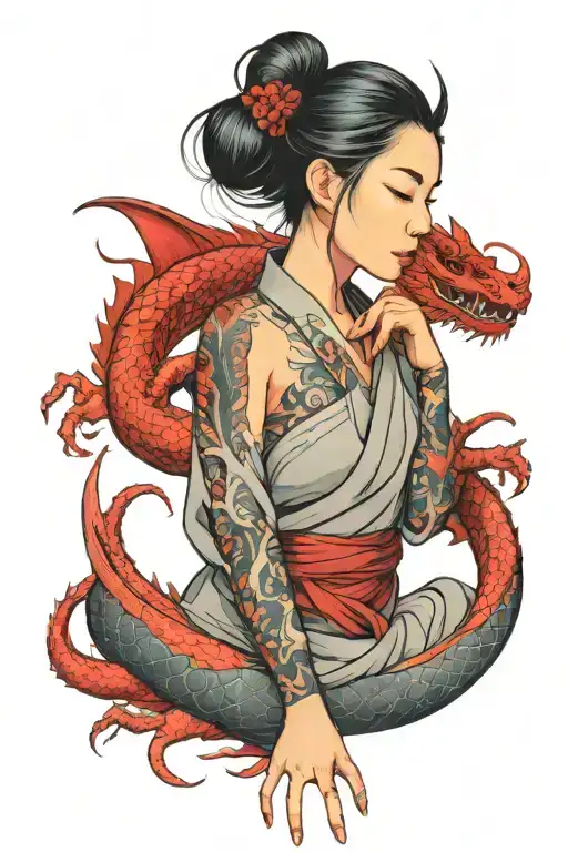 Asian Girl Wrapped By A Red Dragon