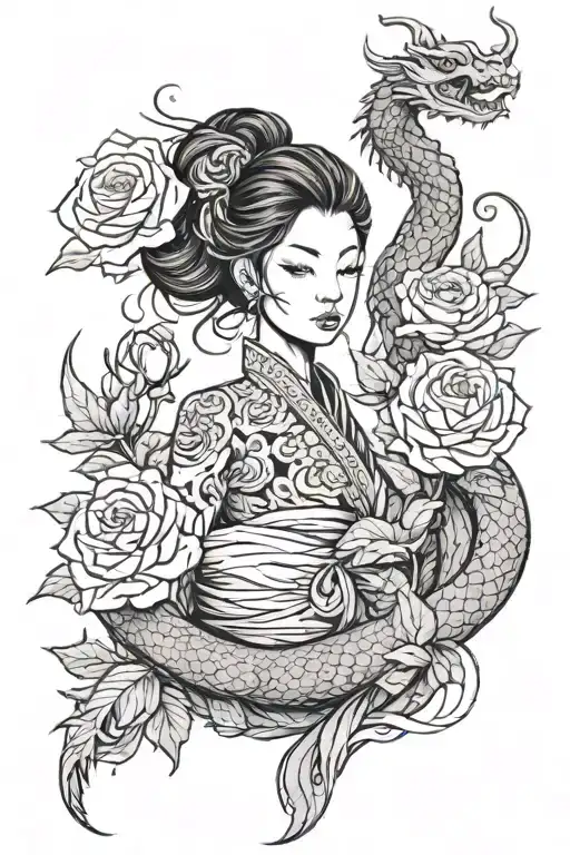 Asian Girl Wrapped By A Roses And Dragon