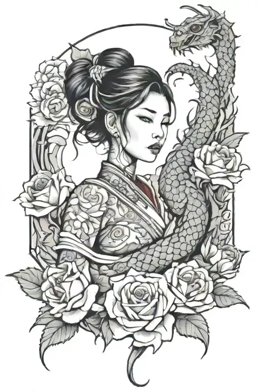 Asian Girl Wrapped By A Roses And Dragon