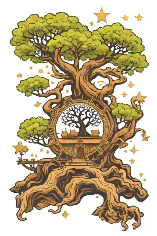 Old Bodhi Tree With Stars On Top View