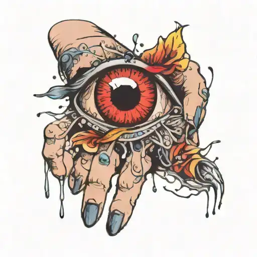 There Is An Eye On The Hand And Black Blood Is Spilled From The Top Of The Hand To The Fingers