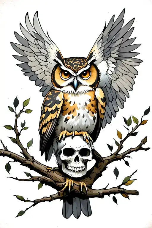 Owl With Skull On Belly Under The Wings Perched In Branch