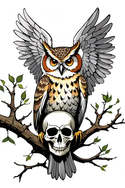 Owl With Skull On Belly Under The Wings Perched In Branch