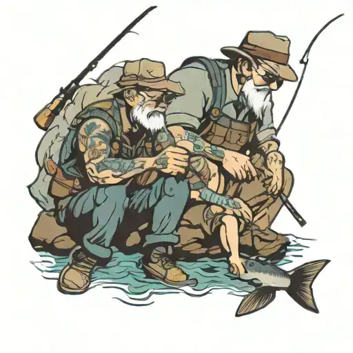 Grandpa And Grandson Fishing Northwest Mountain View