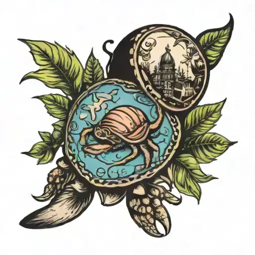 Hermit Crab Surrounded Travel Landmarks Representing Places