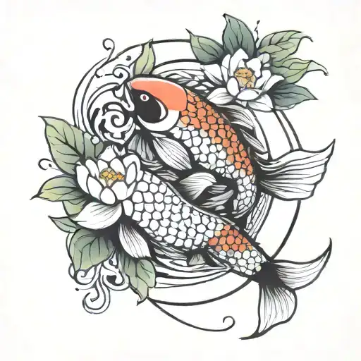 Ying Yang Koi With Water Lily Flower