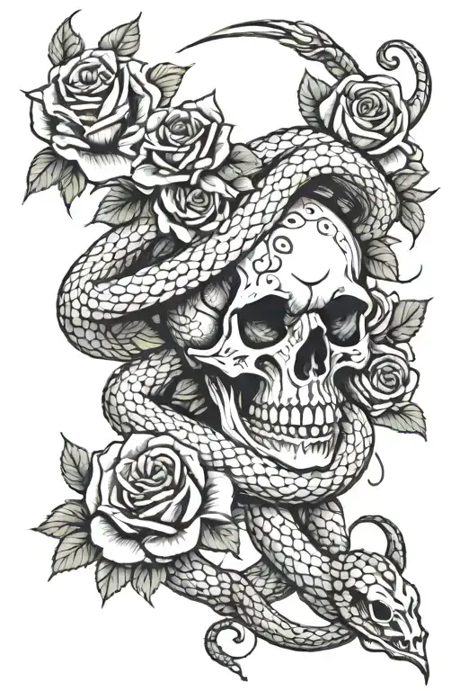 Snake And Roses And Skull