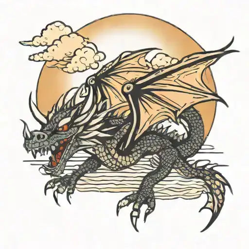 Dragon Flying In From Of A Beach Sunset