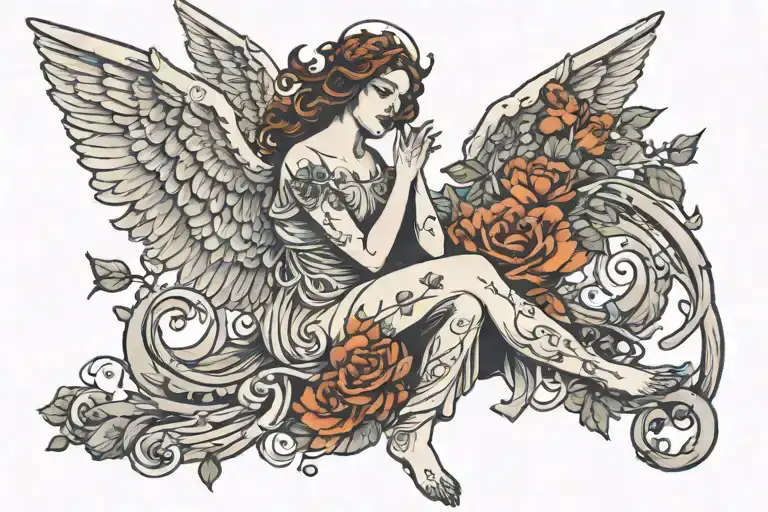 Sitting Angel With 2 Small Birds Flying Away